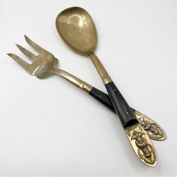 Brass Bronze Wood Handle Salad Serving Spoon & Fork Flatware Thailand Siam - Picture 9 of 9